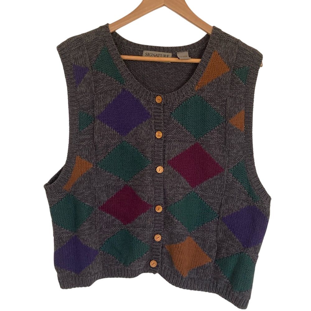 Vintage Signature Expressions Womens Argyle Vest Size 2X‎ Grey Button Front